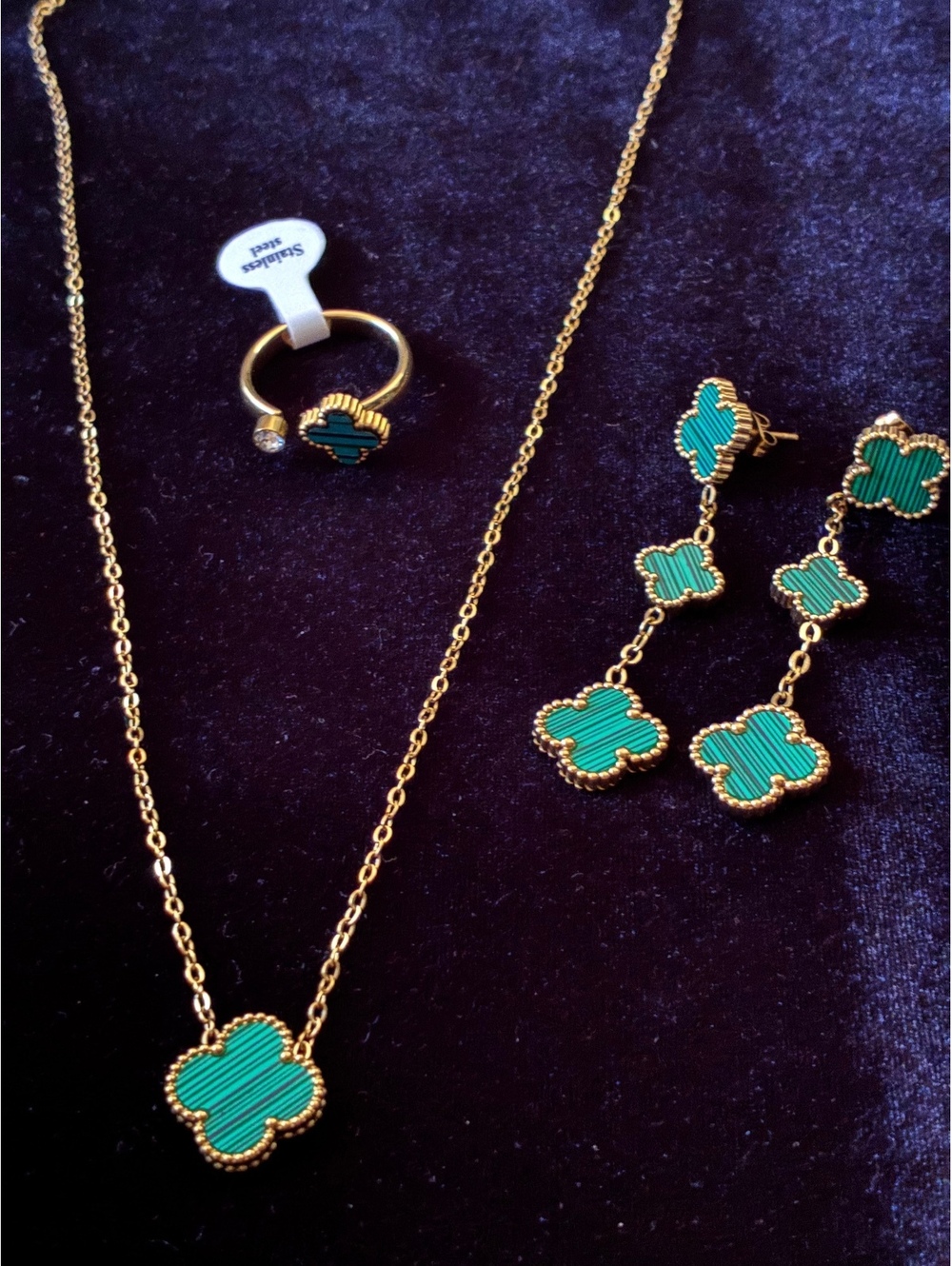 New 4pc Green Clover Jewelry Set - 18K Gold Plated Necklace & Stainless Steel